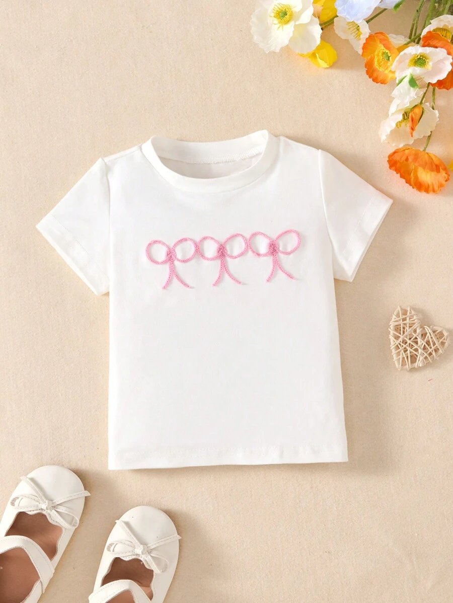 Baby Girl Casual Cute Bow Embroidered Round Neck Short Sleeve Tops, Versatile For Daily Wear, Summer