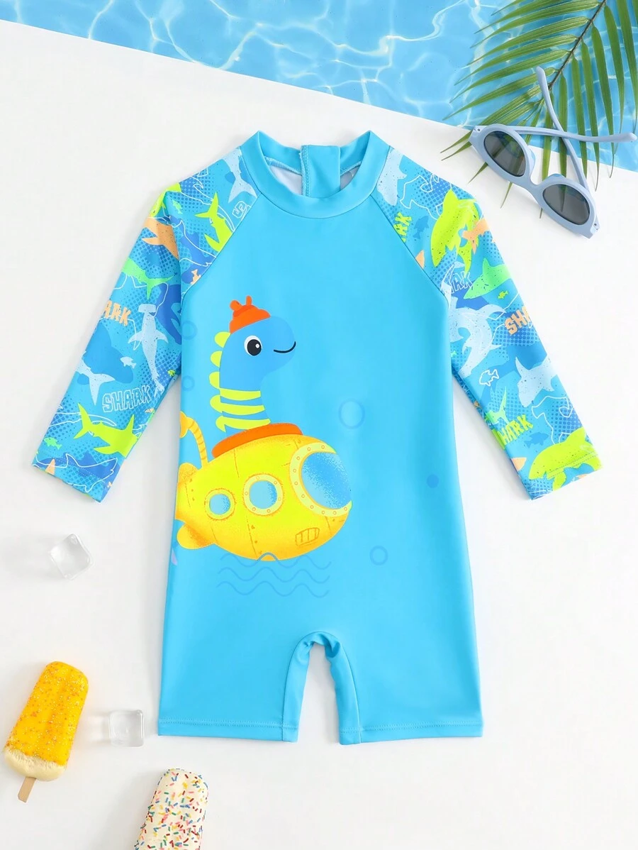 男宝宝简约时尚长袖休闲日常泳衣 - 淺藍色 - 查看 1