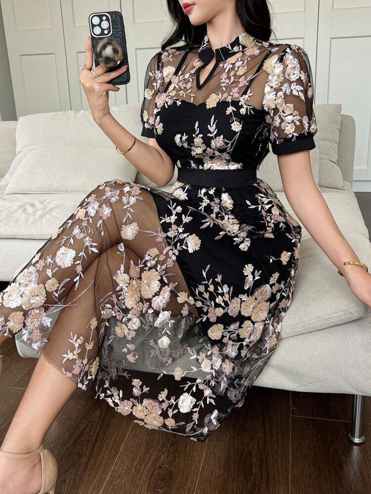 Elegant Floral See-Through Puff Sleeve Mid-Length Dress, Suitable For Summer Occasions, Dates, Parties Sundress Easter Maxi Dress