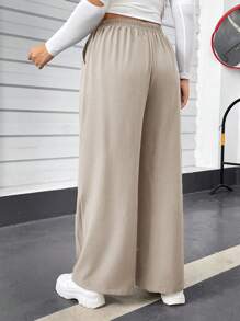SHEIN Essnce Plus Size Women's Summer And Spring Casual Comfortable Loose Elastic Waist Light Apricot Color Basic Wide-Leg Pants,Springl Women Clothes,Homecoming,Old Money,Going Out Bottoms,Curv Pants,Women Outfits,Minimalist Clothes