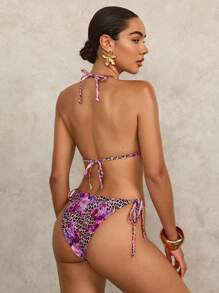 SHEIN Swim Women's Floral & Leopard Print Sexy Lace Up Bikini Set For Summer Beach Vacation - Multicolor - View 2