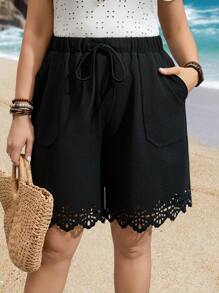 EMERY ROSE Plus Size Solid Color Casual Shorts, Fashionable And Suitable For Daily Wear Spring Outfits For Women - Black - View 3