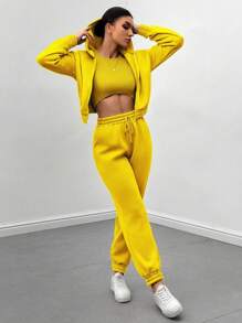 SHEIN Essnce Conjunto de mujer con chaqueta con capucha con cremallera lisa, top de tirantes y pantalones tipo harén - Amarillo - Ver 5