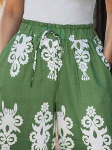 SHEIN LUNE 女式花卉印花松紧腰带双口袋阔腿裤 - 綠色 - 查看 7