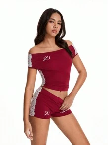 TRNVIE Conjunto de ropa deportiva sexy de encaje, con camiseta de cuello asimétrico y pantalones cortos de cintura baja