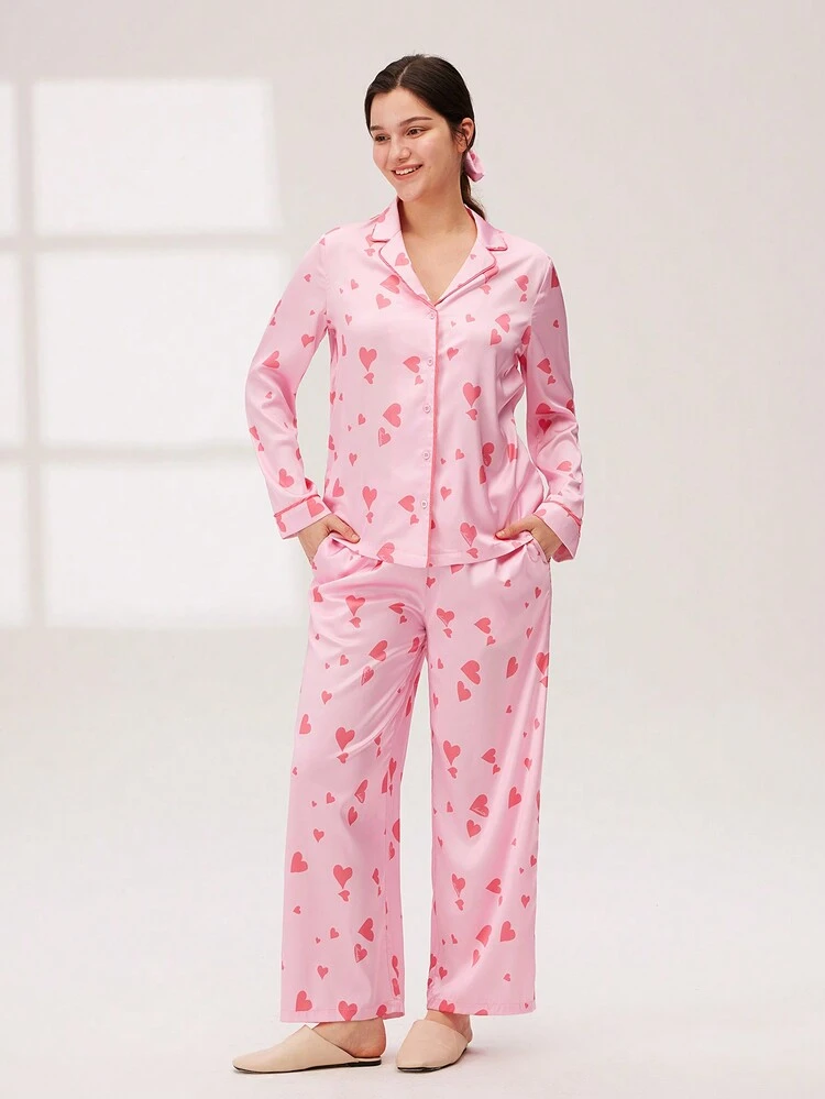 Satin Heart Print Button-Up PJ Set