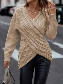 SHEIN Clasi 交叉麻花针织落肩不对称下摆套头毛衣秋冬款 - 卡其色 - 查看 5