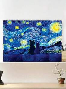 1 pieza Obra de arte de la Noche Estrellada, impresión en lienzo de obra de arte de gatos, póster de decoración de cielo nocturno, pintura de animales, pintura surrealista para decoración de habitación, estilo de Vincent Van Gogh, impresiones artísticas, decoración del hogar, pósteres, regalo ideal, para sala de estar, dormitorio, baño, cafetería