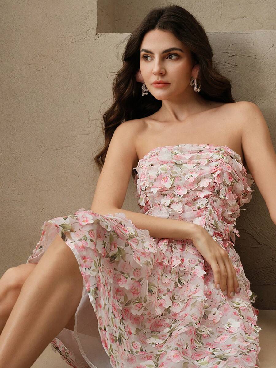 Anewsta Sommer Frauen Festival Lässig Floral 3D Blütenblatt Muster Mini Kleid