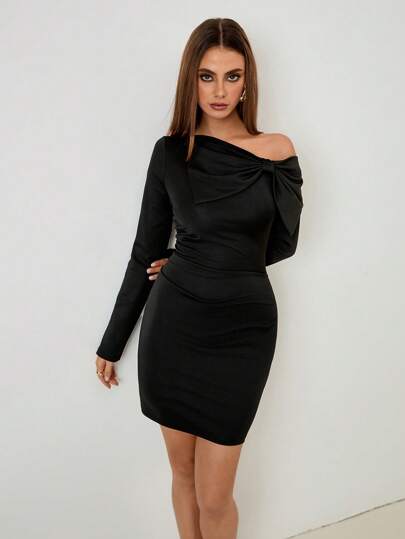 Chiquease Black Bowknot Asymmetrical Neck Long Sleeve Women Mini Dress Fall Cloth For Women