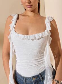 SHEIN BAE Body de mujer con cuello de corazón, arrugado, con volantes y de un solo color blanco texturizado con encaje, adecuado para el Día de San Valentín y uso diario