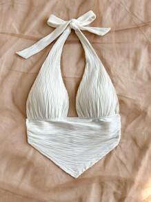 Soleia 纹理三角形下摆贴身挂脖背心，适合女士、度假、音乐节、波西米亚风、节日、约会、夏季上衣 - 白色 - 查看 4