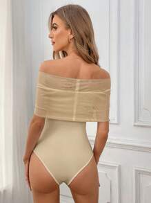 SHEIN Privé Women's Mesh Off Shoulder Pearl White Bodysuit - Apricot - View 2