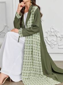 Al Najma Bata larga y suelta con estampado verde de patchwork, solapa y cinturón ajustable para mujer