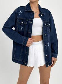 EURMUSE WOMEN DENIM EMBROIDERY DETAIL JACKET - Medium Wash - View 1
