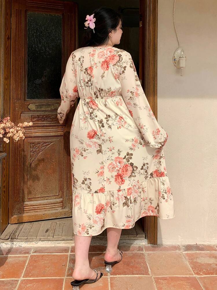 Dazy Plus Plus Size Pink Floral Print Long Sleeve Midi Dress,Ruched Waist Boho Milkmaid Dress For Women,Holiday Vacation Beach Wear,Autumn Spring Draped Party