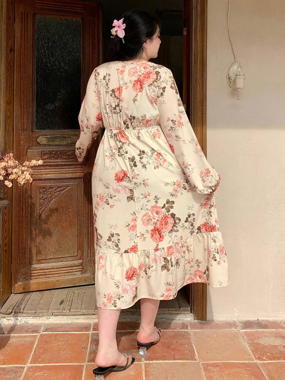 Dazy Plus Plus Size Pink Floral Print Long Sleeve Midi Dress,Ruched Waist Boho Milkmaid Dress For Women,Holiday Vacation Beach Wear,Autumn Spring Draped Party
