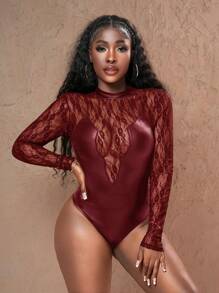 Slaydiva 万圣节新款性感优雅小立领长袖蕾丝拼接黑色PU透视修身女式连体裤-G - 紅色 - 查看 4