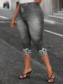 EMERY ROSE Plus Denim-Effect & Floral Print Summer Outfits Leggings - Dark Grey - View 5