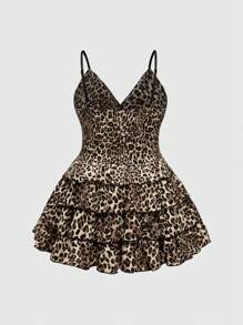 ROMWE Plus Size Leopard Patchwork Lace Ruffle Layered Camisole Dress - Multicolor - View 2