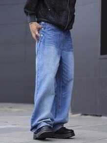 Claim Dot 男式宽松口袋装饰阔腿休闲牛仔裤 - 藍色 - 查看 3