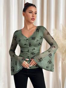 SHEIN Clasi Women's V-Neck Flare Sleeve Mesh Slim Fit Blouse, Ideal For Easter, Valentine's Day Outfits Festival