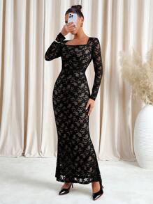 SHEIN Clasi Đầm ren thanh lịch tay dài ôm eo viền đuôi cá cho nữ Đầm đen Đầm đen cho nữ Đầm cho nữ Đầm thanh lịch gợi cảm cho nữ - màu đen - Xem 4
