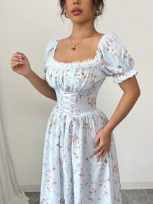 Chiquease 系腰泡泡袖拼布蕾丝花卉印花连衣裙长款女装 - 藍色 - 查看 5