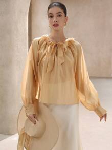 SHEIN Unity Französisches romantisches Satin-Kragen, doppellagiger Rüschenbesatz, Krawattenhals, langärmeliges Midi-Bluse-Top, Damen-Frühlings-Oberbekleidung - Gelb - Übersicht 4