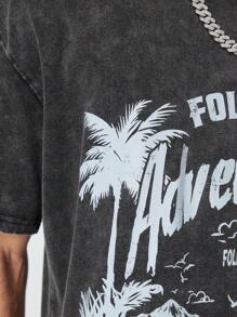 ROMWE MEN Casual 男士树纹酸洗短袖T恤，适合春夏假期日常穿着 - 黑色 - 查看 4