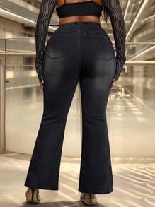 Slaydiva Plus Size Denim High Stretch Fringe Trim Flared Pants - Black - View 3