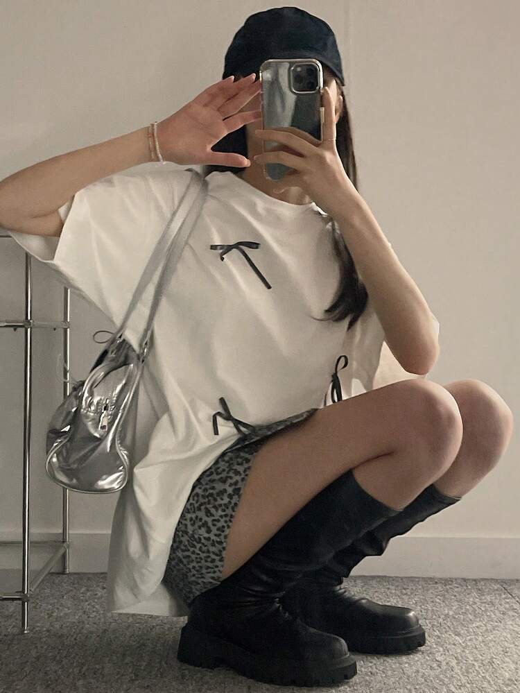 Women Crew Neck Loose Fit Bowknot T-Shirt