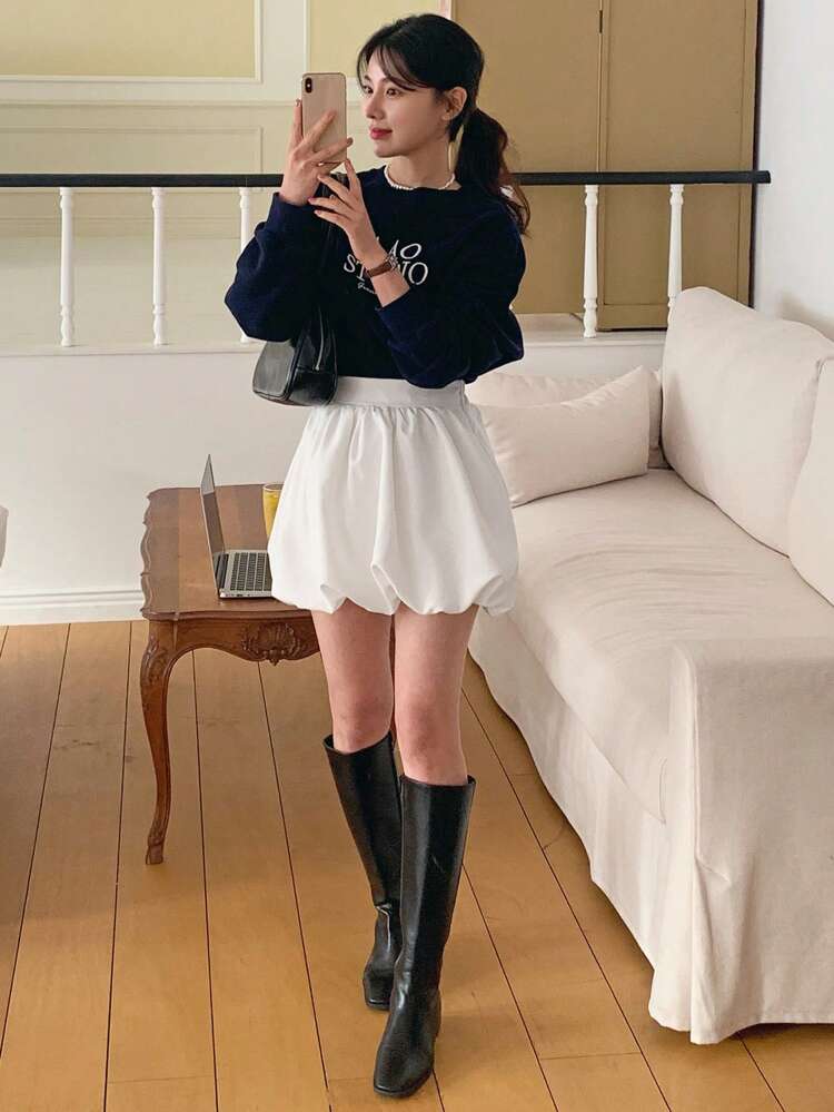 Women's Solid Color Pleated Simple Casual Bubble Skirt, Tulip Hem Skirt