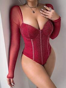 Zolique Women's Sexy Sweetheart Neck Glittery Mesh Long Sleeve Bodysuit, Red Bodysuit, Mesh Bodysuit, Red Body Suit, Rhinestone Bodysuit - Burgundy - View 1