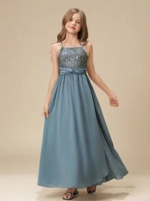 Tween Girl Wedding Party Flower Girl Elegant Sequin & Bead Embellished Chiffon Asymmetric Hem Long Dress, Birthday Party Pageant Gown