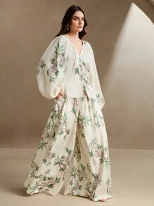 Anewsta 优雅花卉印花 V 领衬衫和裤子 2 件套服装，缎面面料，适合春夏季节日、度假 - 白色 - 查看 7