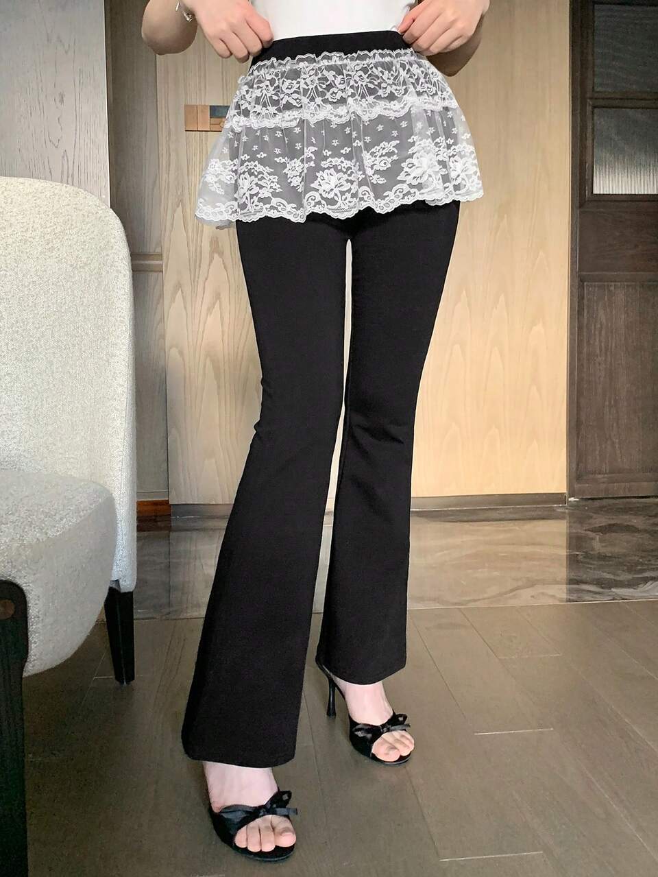 Sheer Lace Patchwork Flared Pants, Slim Fitted Leggings For Women, Suitable For Date Night