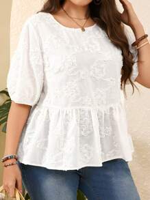 Plus Size Boho Women Floral Jacquard Short Puff Sleeve Ruffle Hem Blouse,Summer For Women,Vacation - Beige - View 3