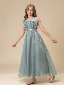 Tween Girl Layered Ruffled Maxi Dress, Long Elegant Flower Girl Dress For Girls, Suitable For Wedding, Party, Birthday Celebration, Performance - Green - View 6