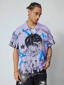 ROMWE MEN Anime 男士日本动漫人物印花短袖衬衫 - 彩色 - 查看 4