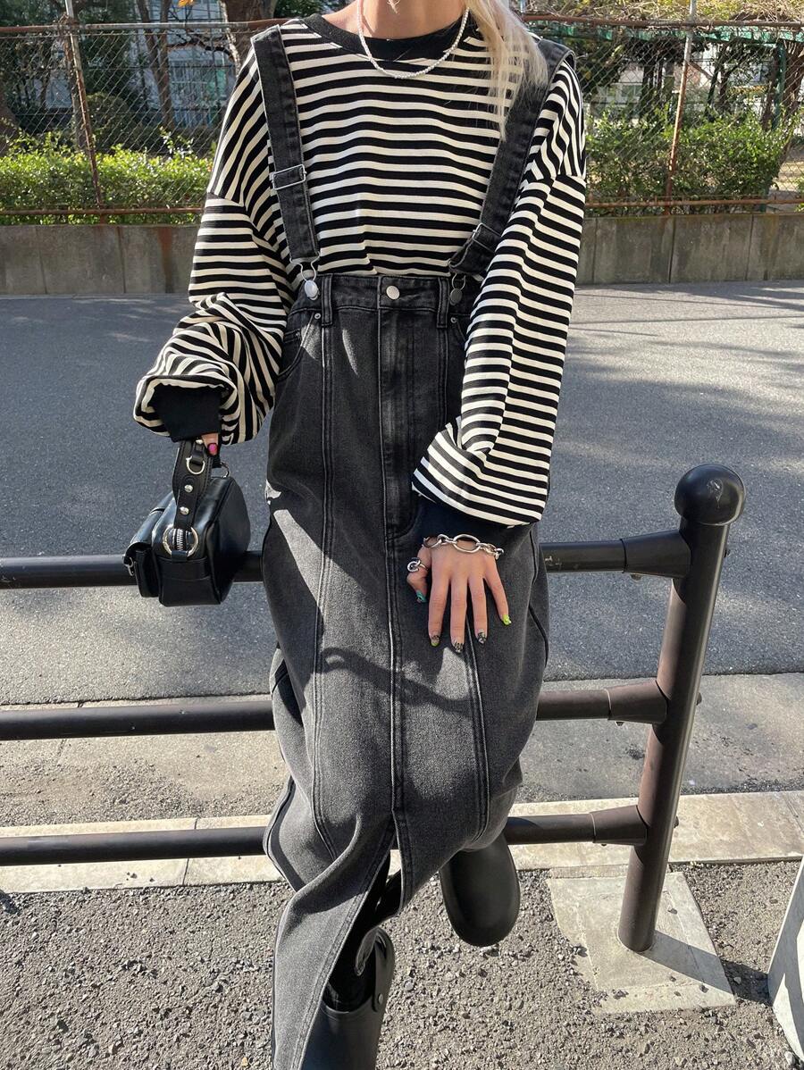 FRIFUL 女士灰色直筒牛仔连身裤工装裤连衣裙，春季 - 灰色 - 查看 1