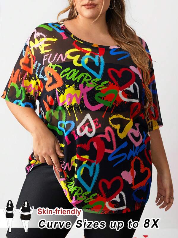 SHEIN CURVE+ Țesătură transparentă de mărime Plus, cu model în formă de inimă, tricou liber, pentru vară