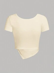 SHEIN Girlism Teen Girl Square Neck Drawstring Asymmetric Waist Elegant Short Sleeve T-Shirt - Apricot - View 2