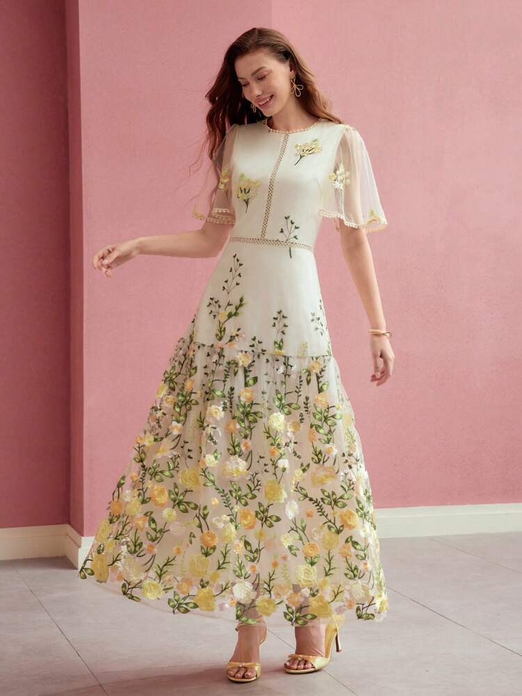 CONTRAST MESH FLORAL EMBROIDERY DRESS,SPRING/SUMMER