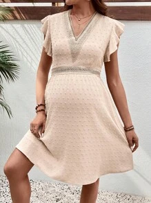 SHEIN V-Neck Ruffled Sleeve A-Line Maternity Dress - Apricot - View 6