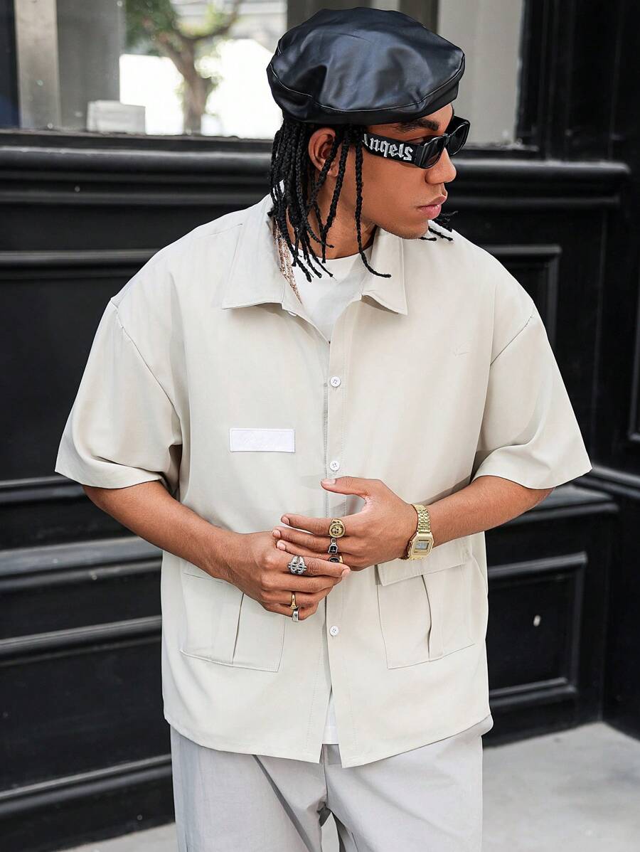 PAVTROS Manfinity Streetrush Men's Button Front Short Sleeve Pocket Simple Shirt, Boyfriend Gift - Khaki - View 1