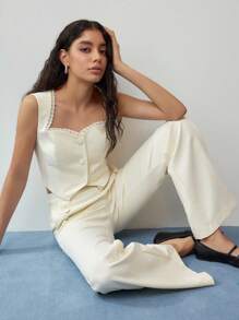 MOTF STUDIO CONTRAST LACE BUTTON UP WAISTCOAT - Apricot - View 1