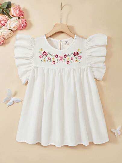 1pc Tween Girls' Floral Print Ruffle Trim & Flutter Cap Sleeve Blouse, Spring/Summer