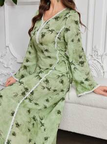 Al Najma 蕾丝拼布花卉印花束腰阿拉伯风格连衣裙