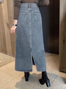 DAZY Western Style Women's Washed Slit Denim Mid-Length Skirt,Fall Clothes Jeans Skirt